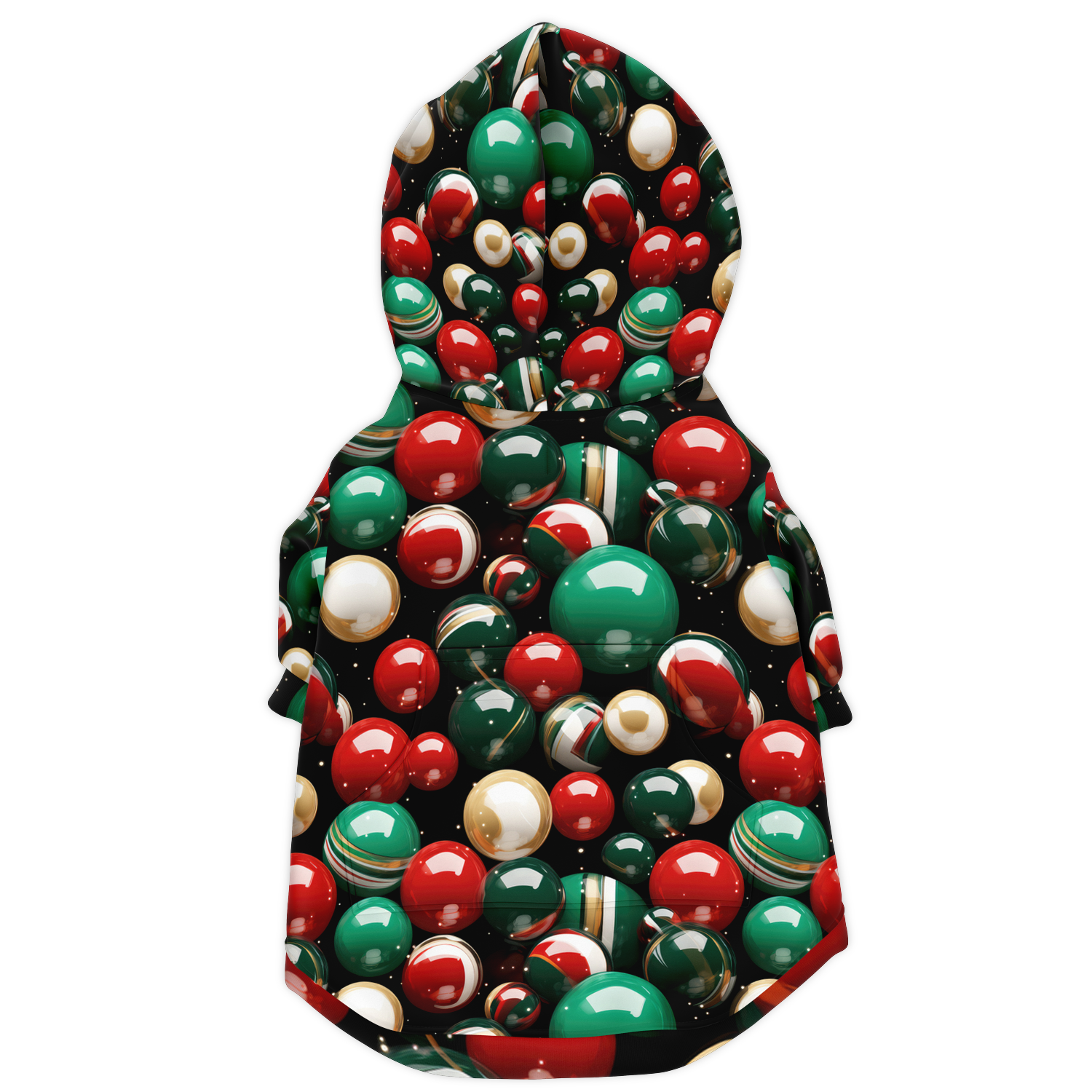 Back view of Christmas dog hoodie with holiday bell design