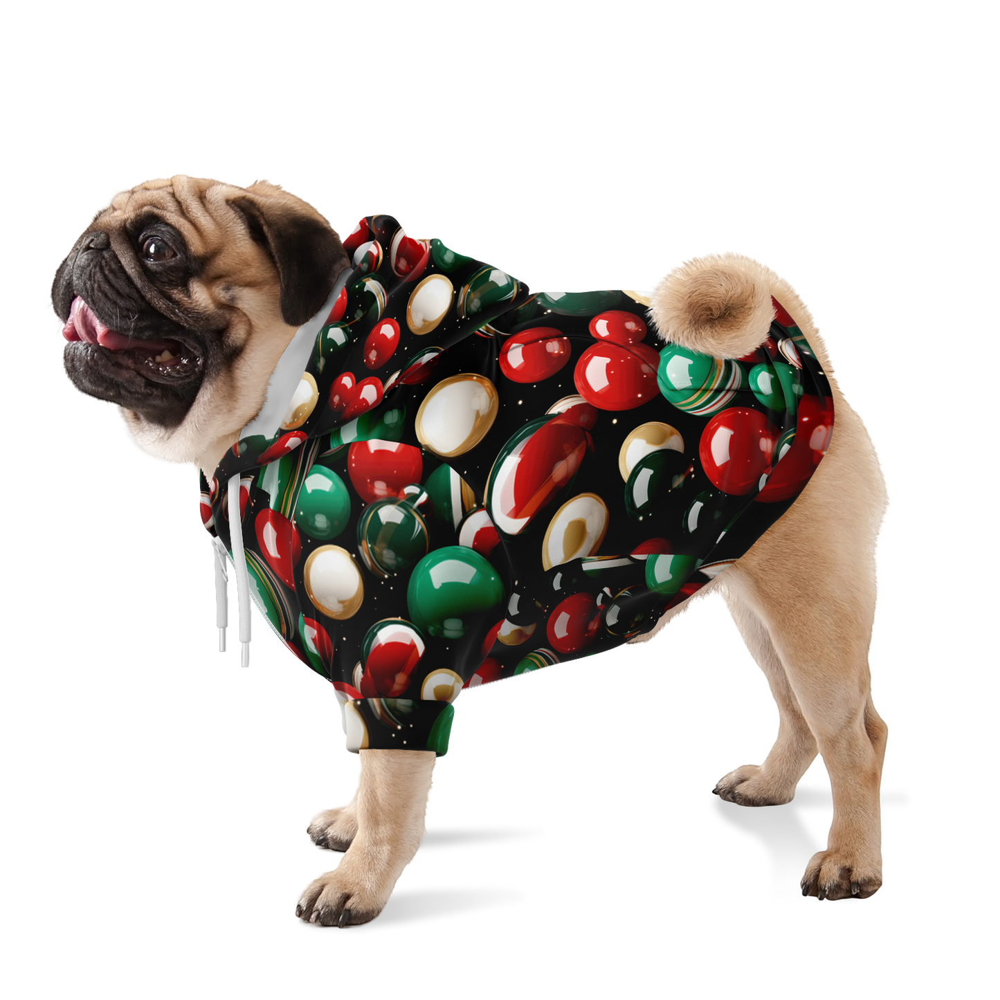 Bulldog wearing Christmas dog hoodie with holiday bell pattern