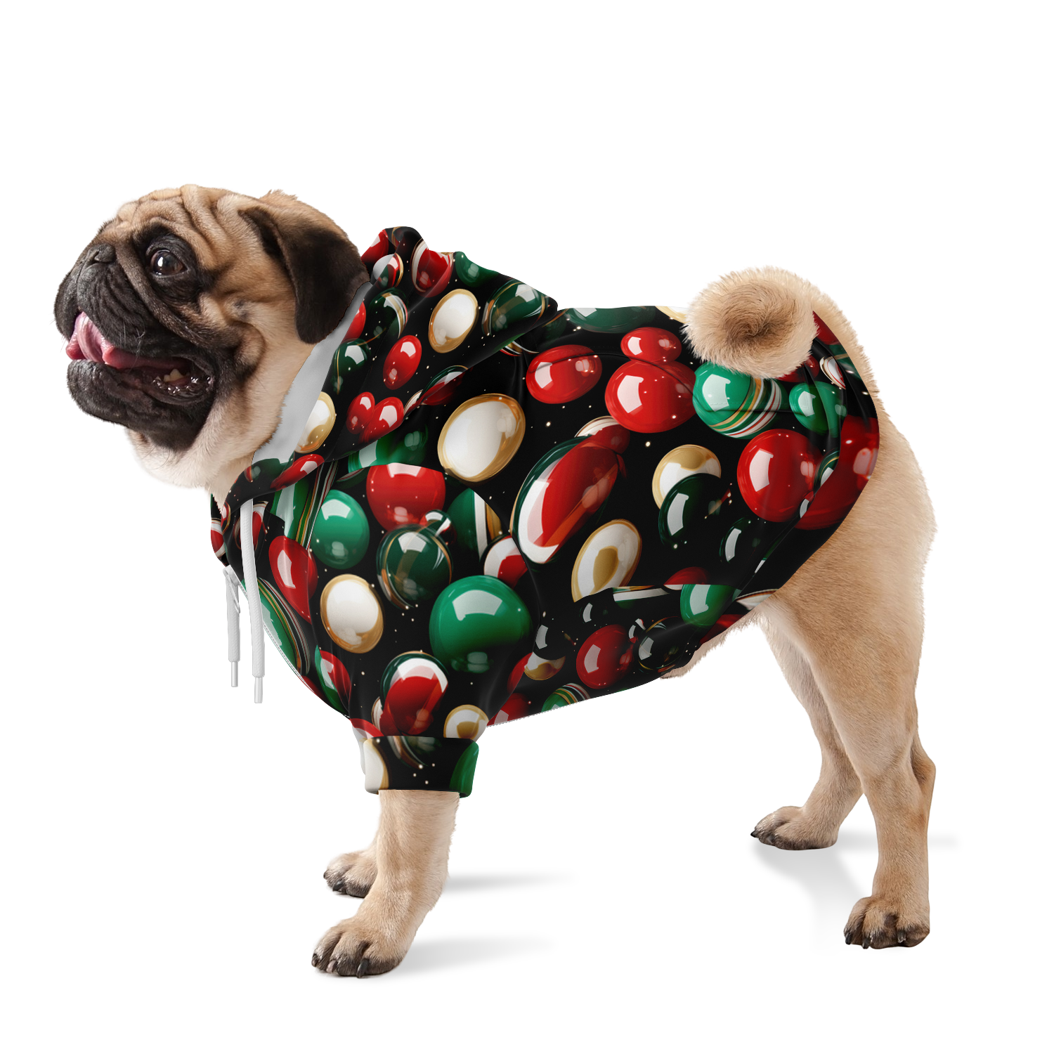 Bulldog wearing Christmas dog hoodie with holiday bell pattern