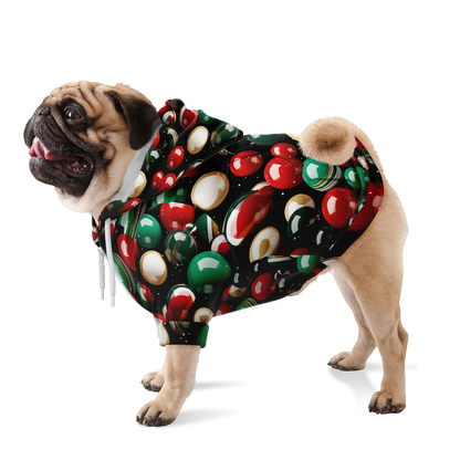 Bulldog wearing Christmas dog hoodie with holiday bell pattern