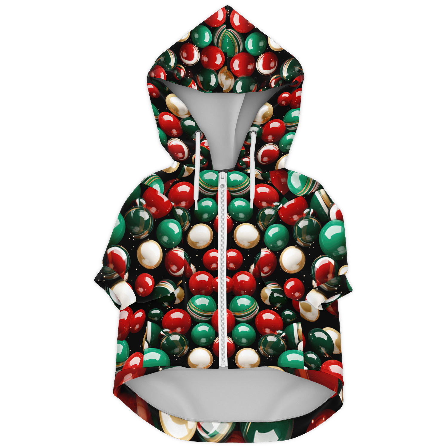 Christmas dog hoodie front view with festive red and green jingle bell pattern