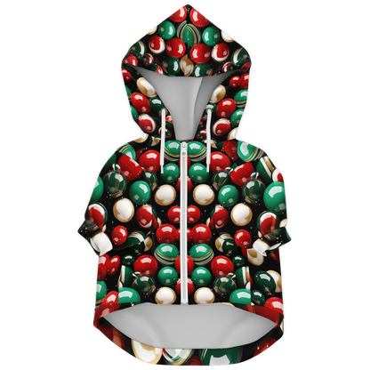 Christmas dog hoodie front view with festive red and green jingle bell pattern