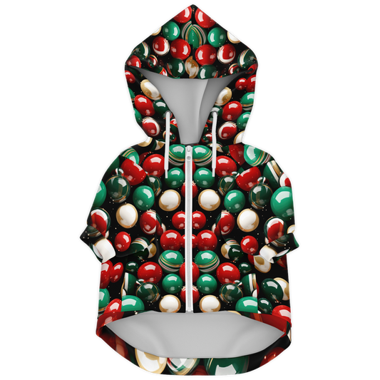 Christmas dog hoodie front view with festive red and green jingle bell pattern