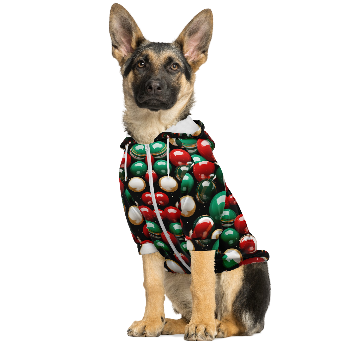 German Shepherd wearing Christmas dog hoodie with festive jingle bell print
