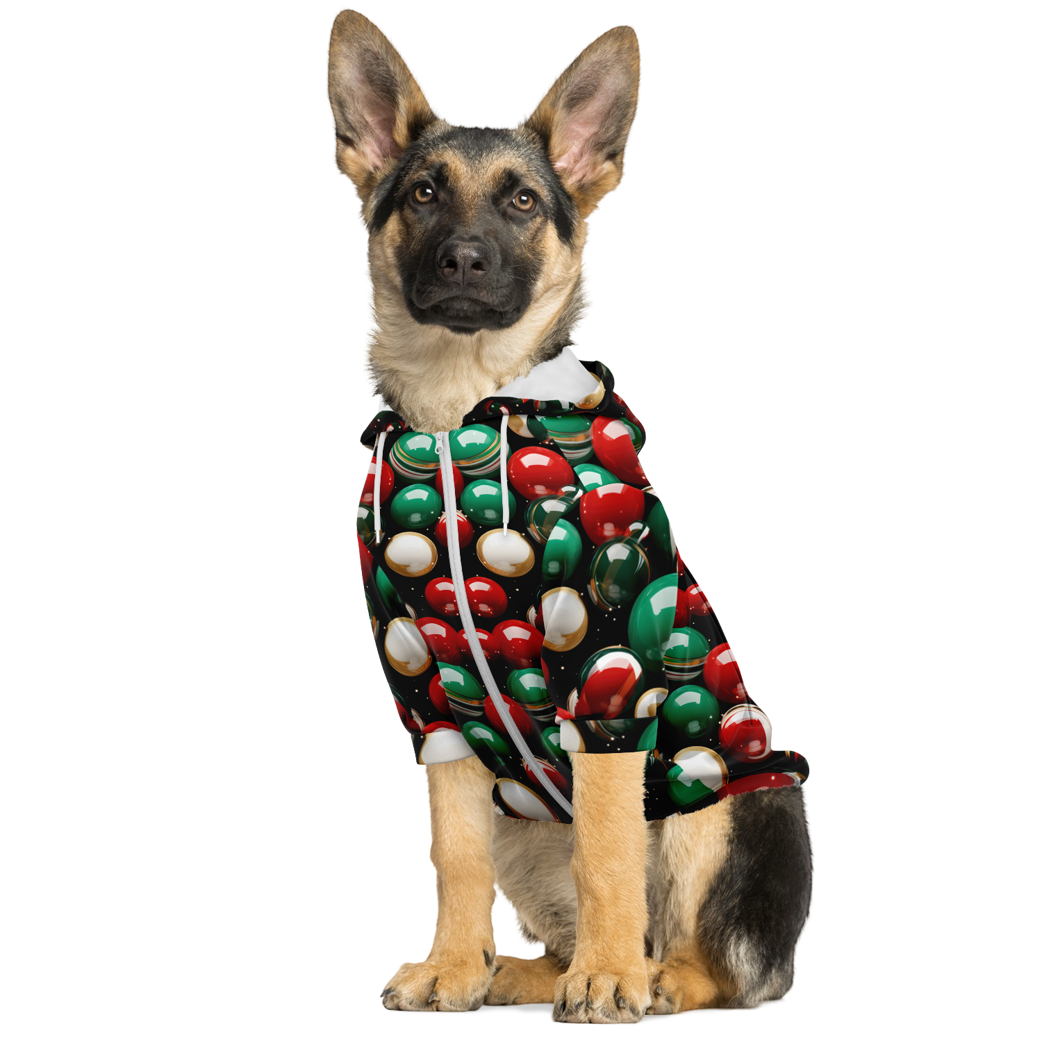 German Shepherd wearing Christmas dog hoodie with festive jingle bell print