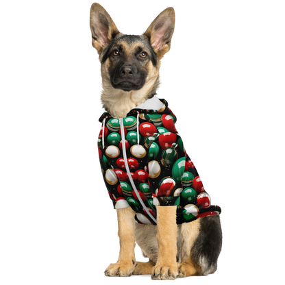 German Shepherd wearing Christmas dog hoodie with festive jingle bell print