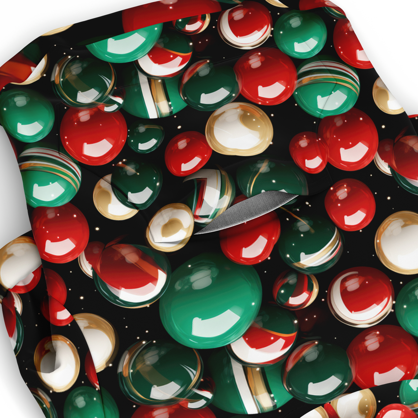 Close-up of jingle bell print fabric on Christmas dog hoodie