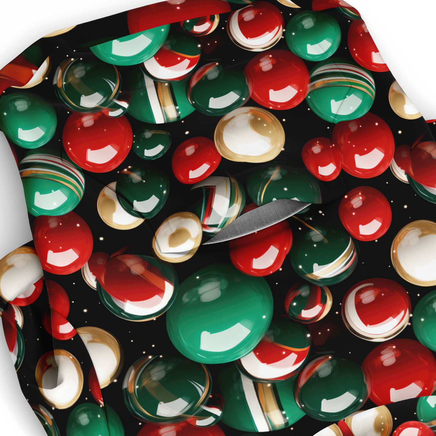 Close-up of jingle bell print fabric on Christmas dog hoodie