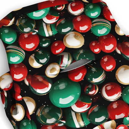 Close-up of jingle bell print fabric on Christmas dog hoodie