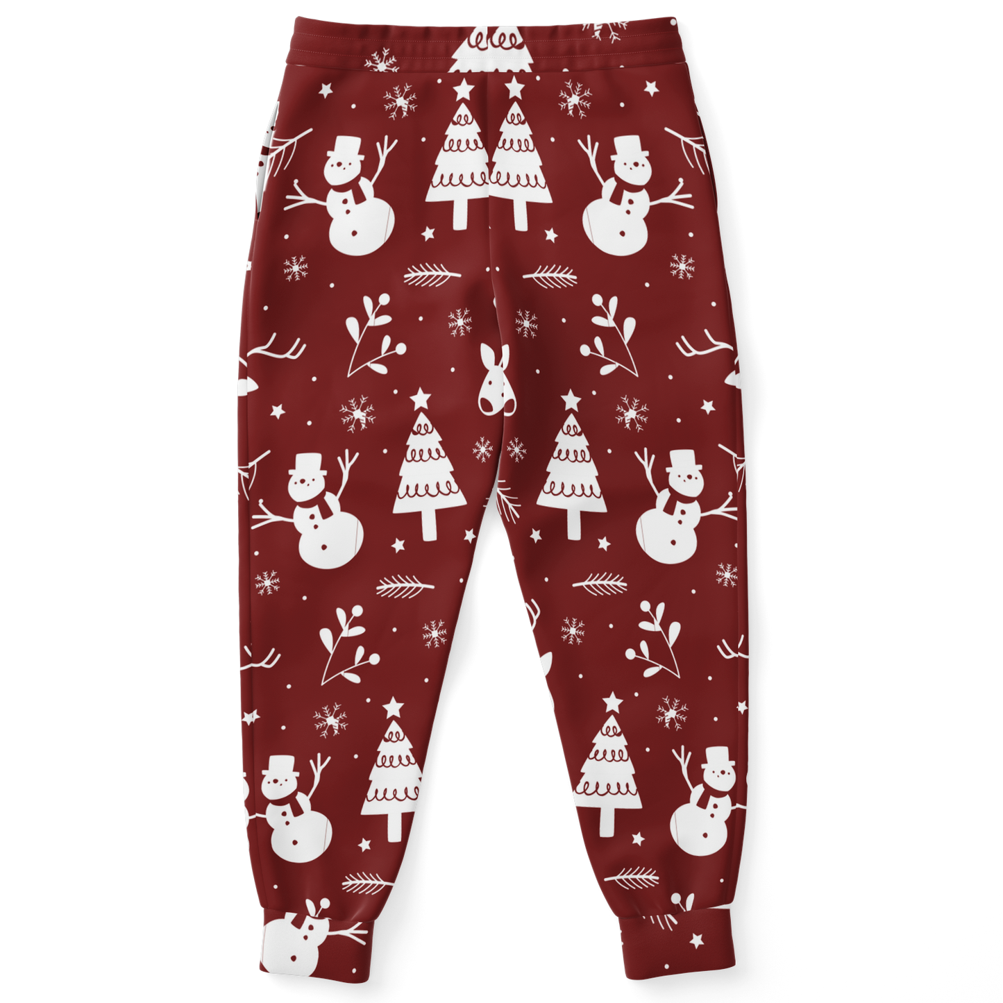 Christmas Frost Joggers – back view, holiday-themed pattern with snowmen and trees