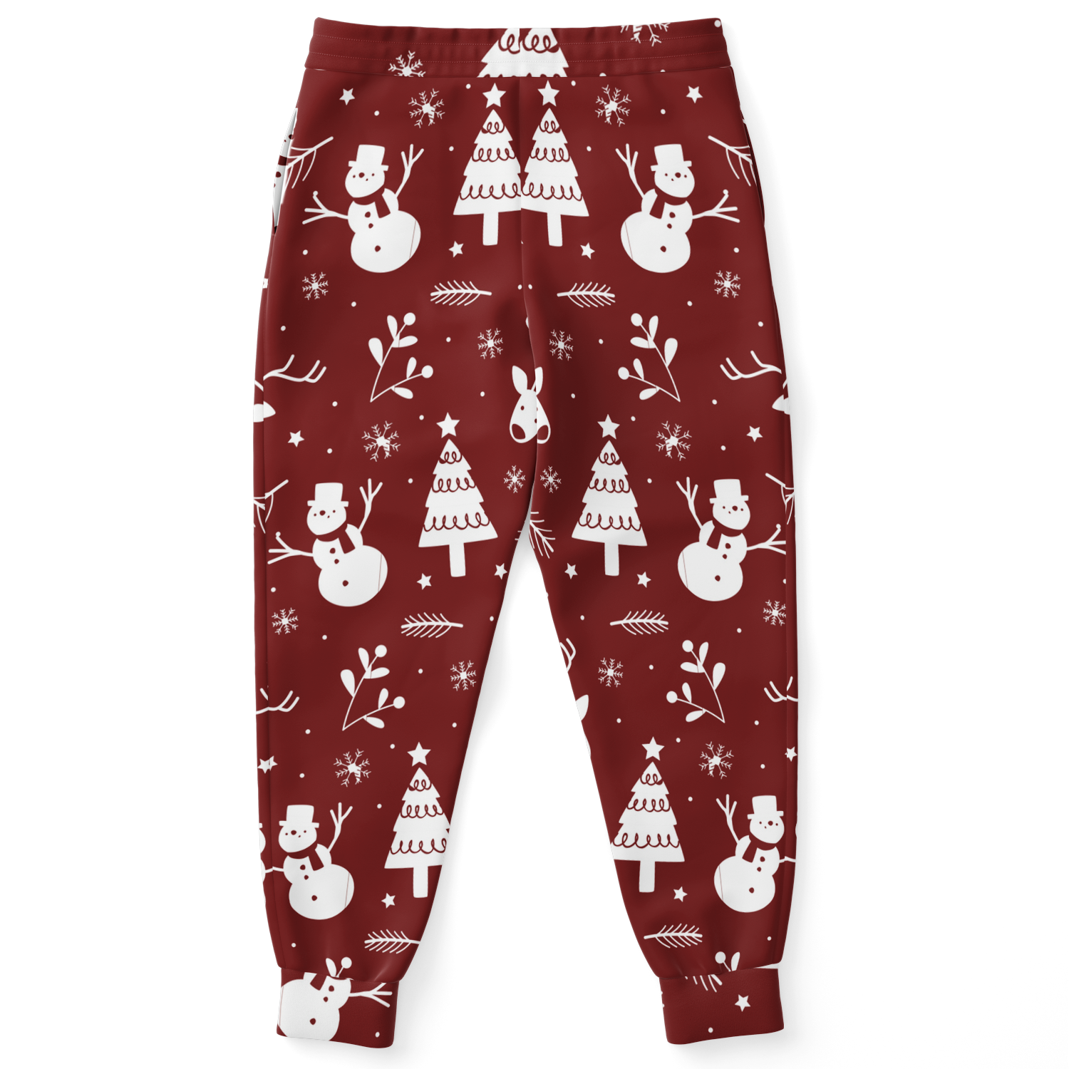 Christmas Frost Joggers – back view, holiday-themed pattern with snowmen and trees