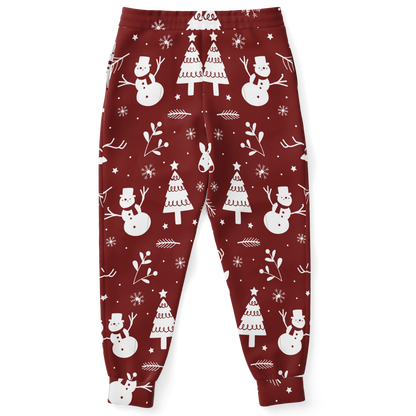 Christmas Frost Joggers – back view, holiday-themed pattern with snowmen and trees