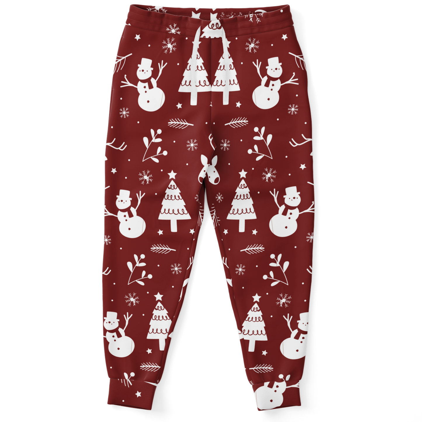 Christmas Frost Joggers – front view, festive red joggers with snowman and Christmas tree print