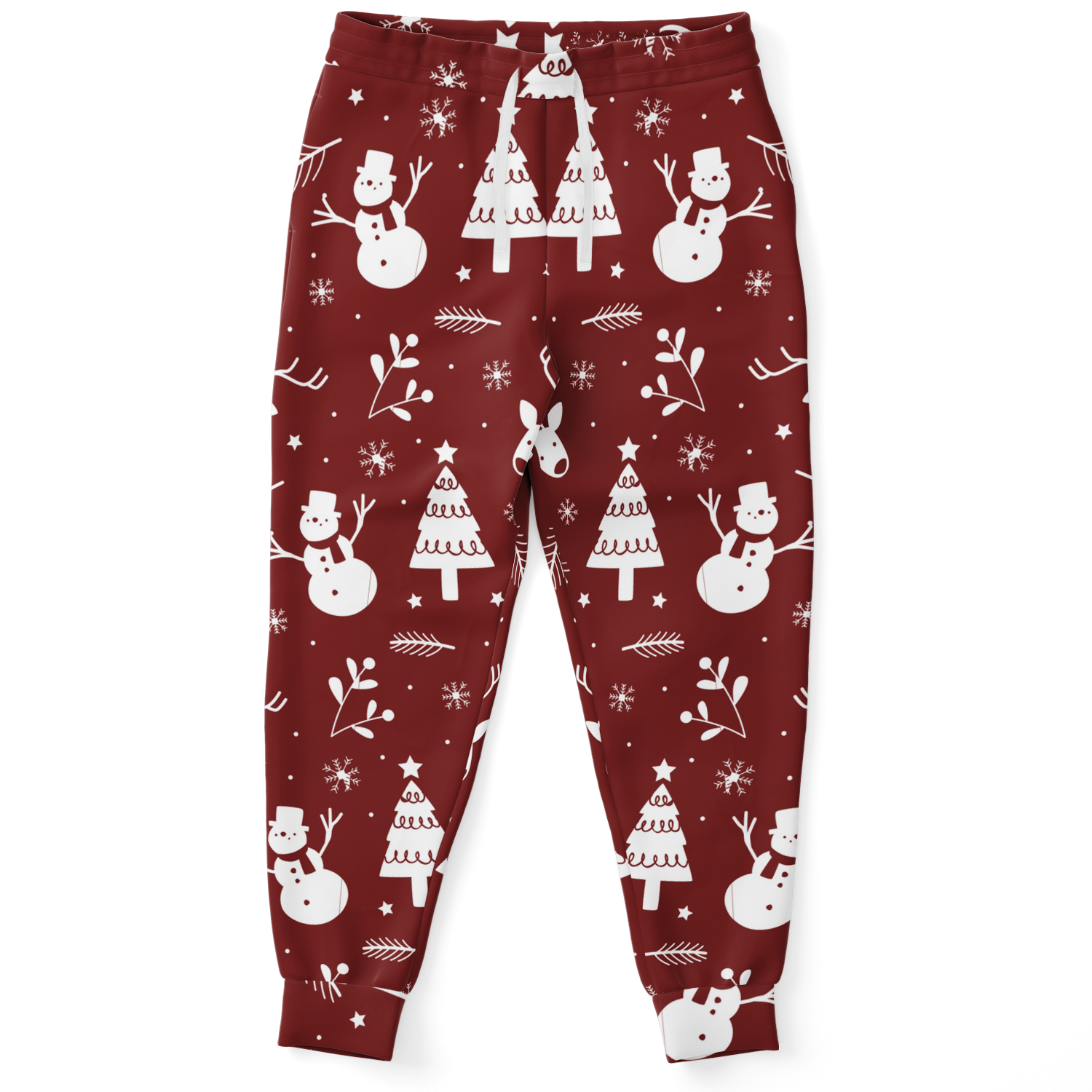 Christmas Frost Joggers – front view, festive red joggers with snowman and Christmas tree print
