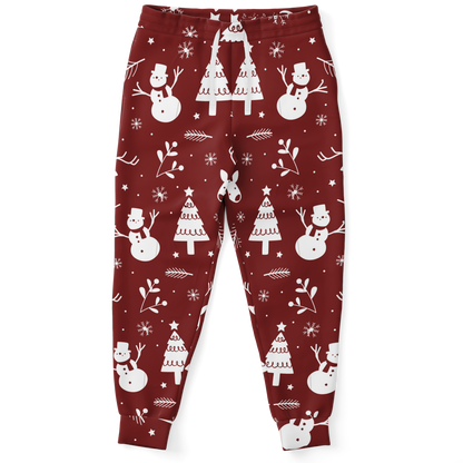 Christmas Frost Joggers – front view, festive red joggers with snowman and Christmas tree print