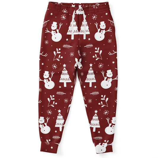 Christmas Frost Joggers – front view, festive red joggers with snowman and Christmas tree print