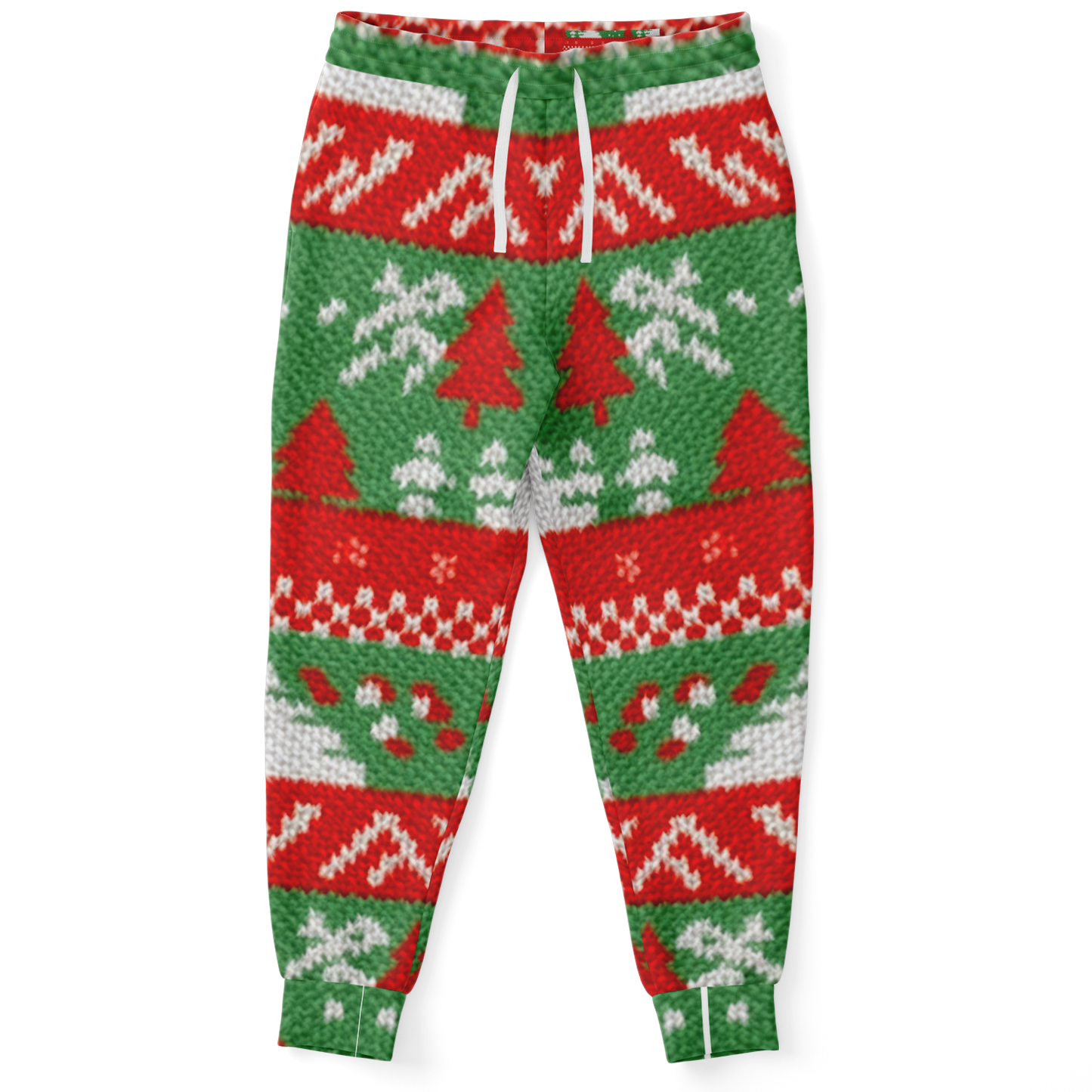 Front view of Christmas joggers with red, green, and white festive knit pattern featuring Christmas trees and snowflakes