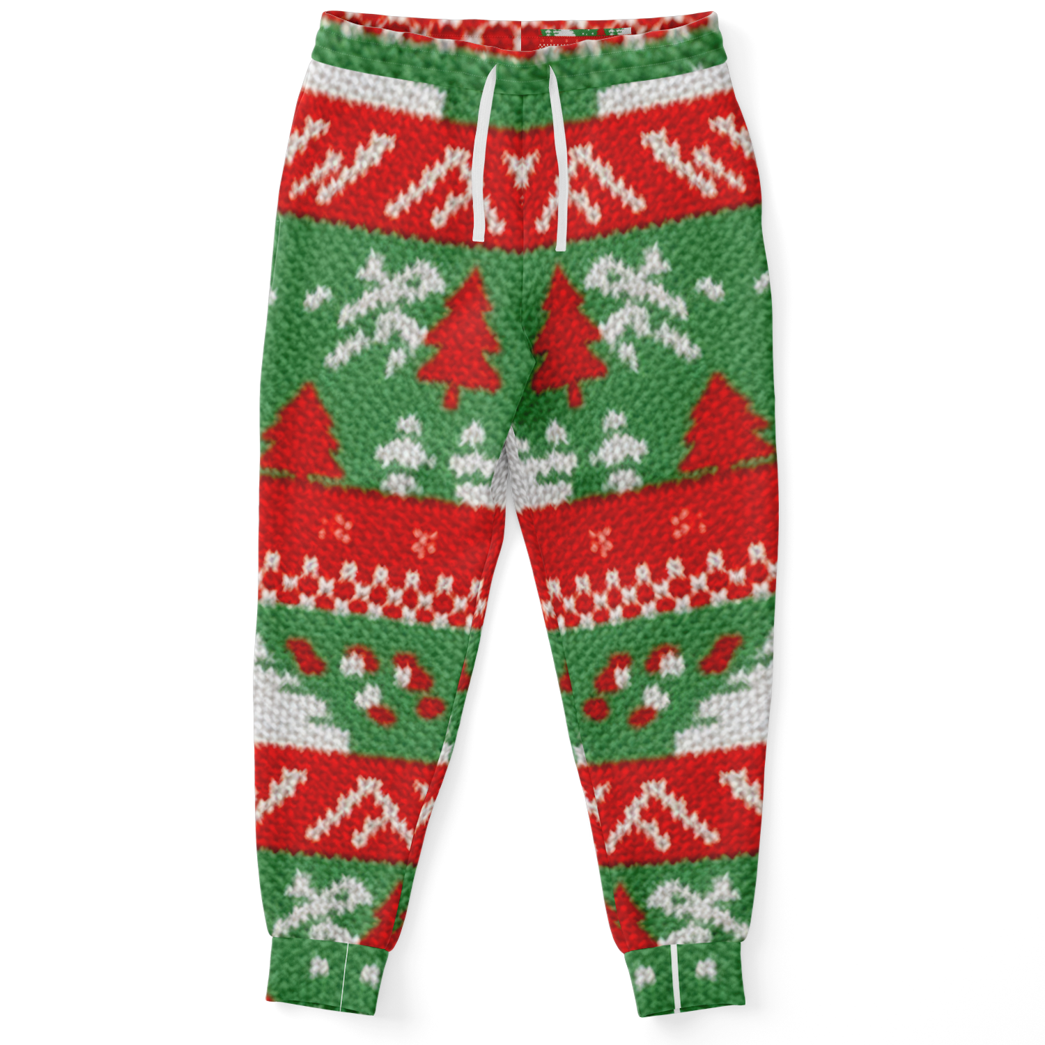 Front view of Christmas joggers with red, green, and white festive knit pattern featuring Christmas trees and snowflakes