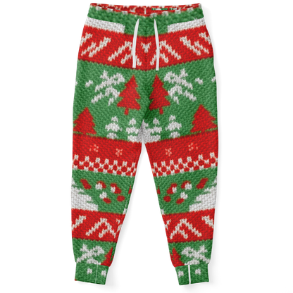 Front view of Christmas joggers with red, green, and white festive knit pattern featuring Christmas trees and snowflakes
