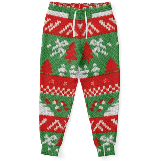 Front view of Christmas joggers with red, green, and white festive knit pattern featuring Christmas trees and snowflakes