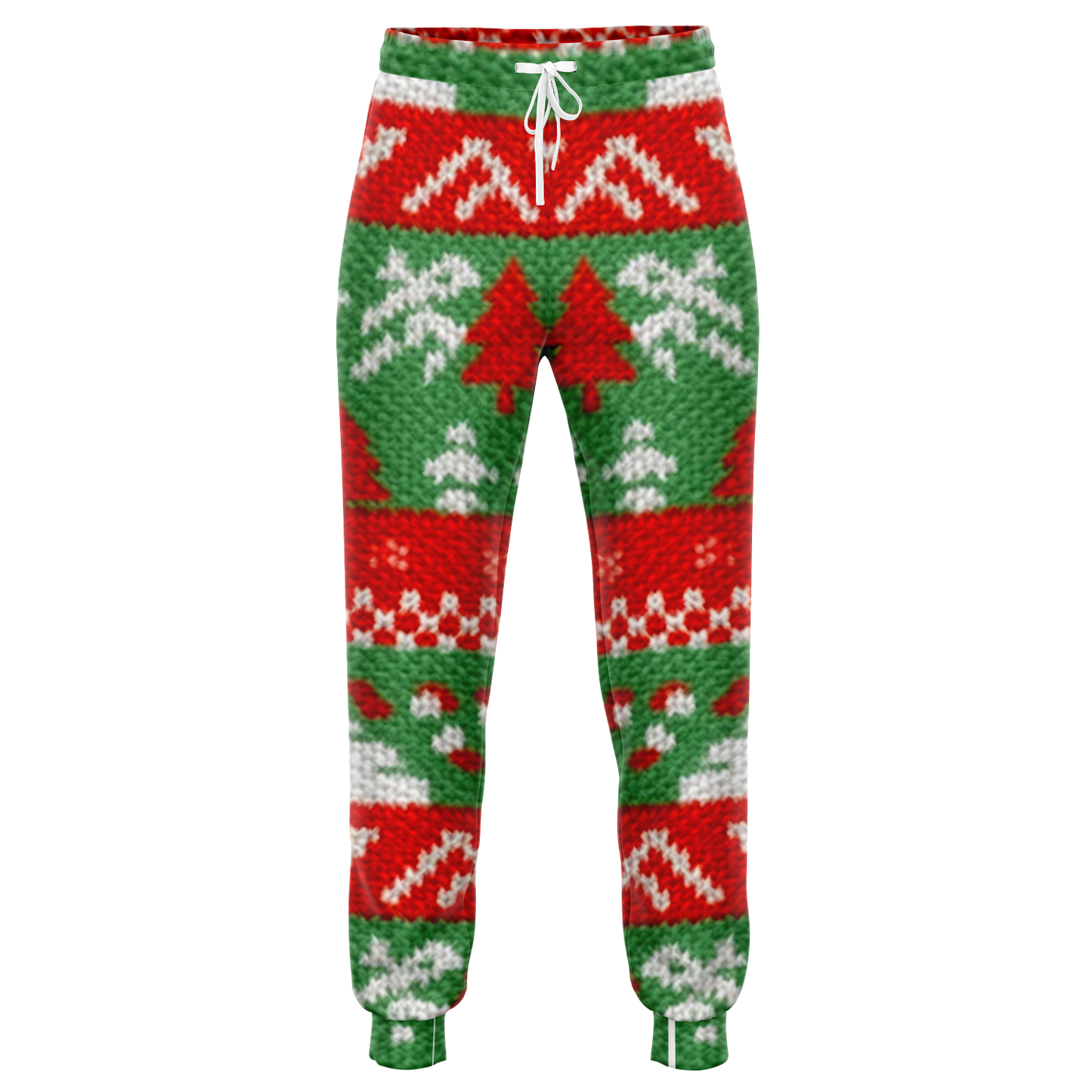 Bottom leg detail of Christmas joggers showing tapered ankle fit and festive knit pattern