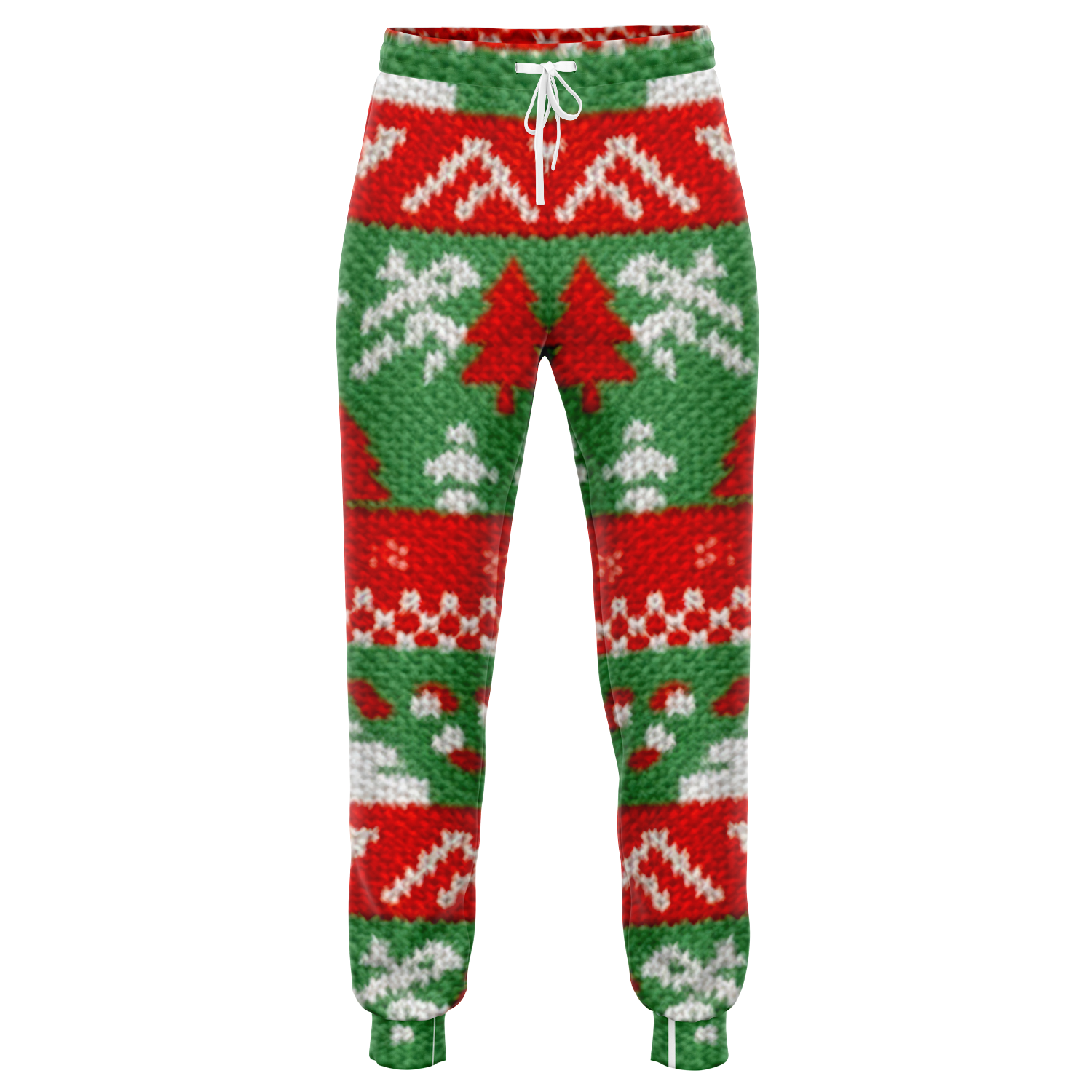 Bottom leg detail of Christmas joggers showing tapered ankle fit and festive knit pattern