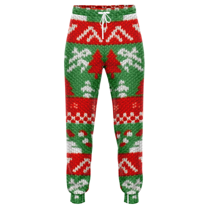Bottom leg detail of Christmas joggers showing tapered ankle fit and festive knit pattern