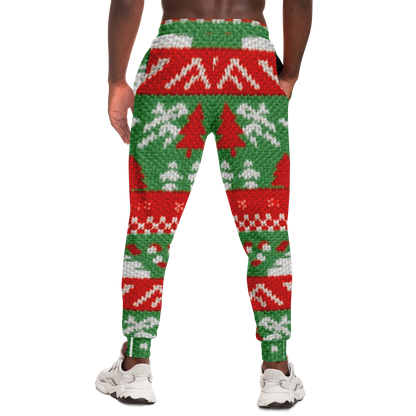 Back view of the male wearing Christmas joggers showing detailed festive knit pattern with red, green, and white design 