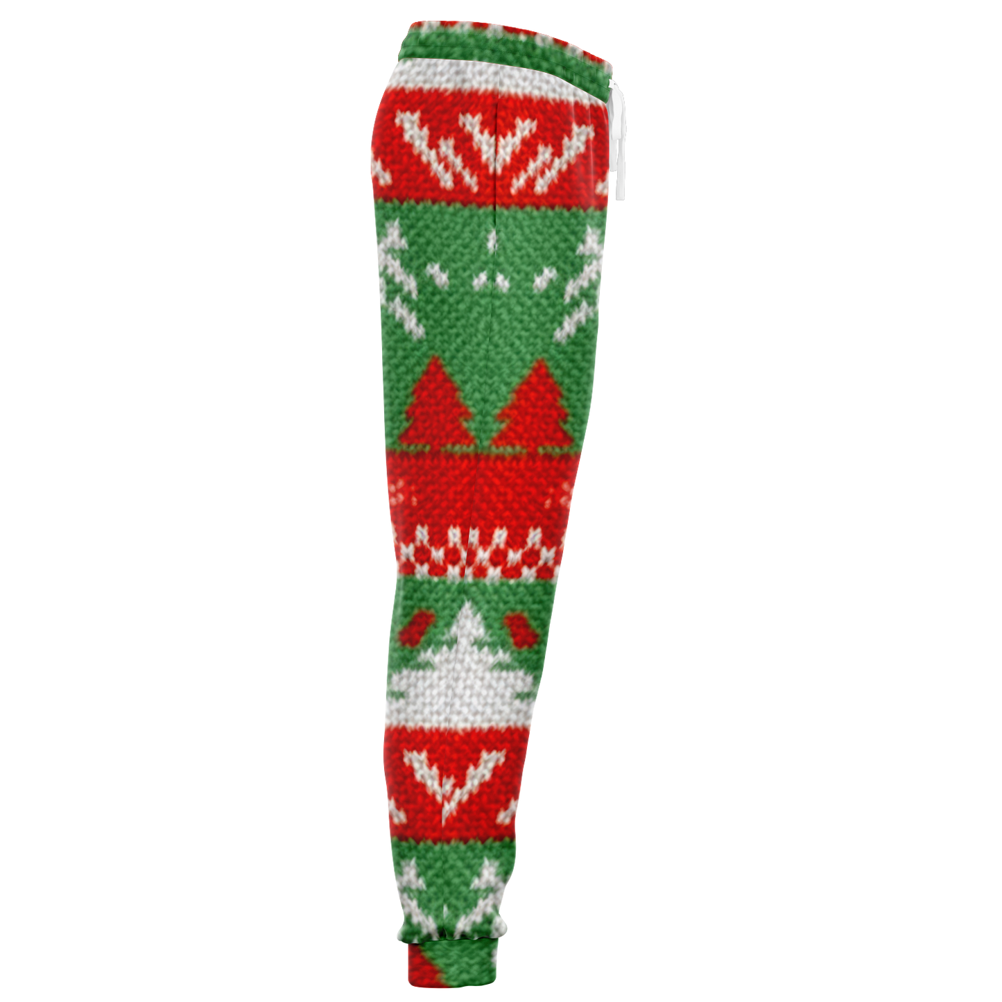 Side view of Christmas joggers showing detailed festive knit pattern with red, green, and white design