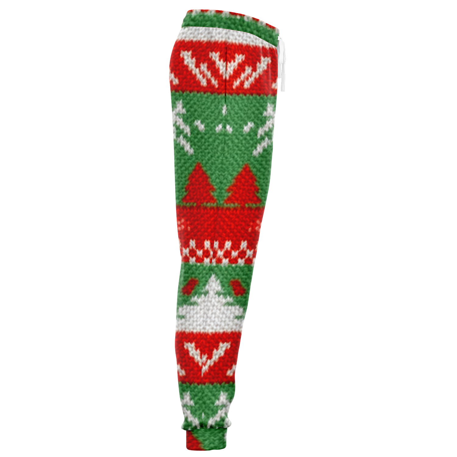 Side view of Christmas joggers showing detailed festive knit pattern with red, green, and white design
