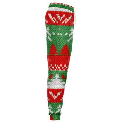 Side view of Christmas joggers showing detailed festive knit pattern with red, green, and white design