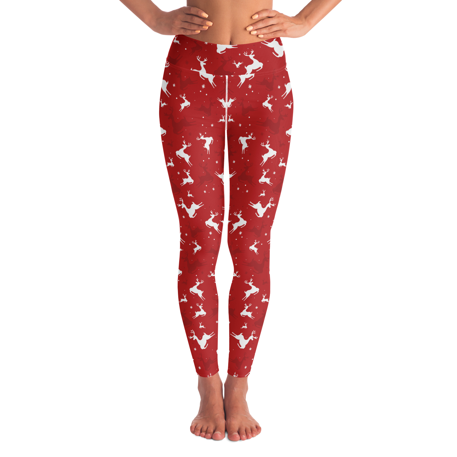 Front view of Christmas Starry Leggings in red with white reindeer print