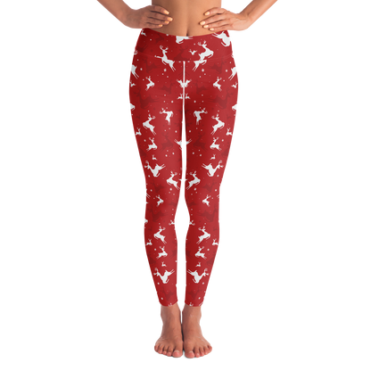 Front view of Christmas Starry Leggings in red with white reindeer print