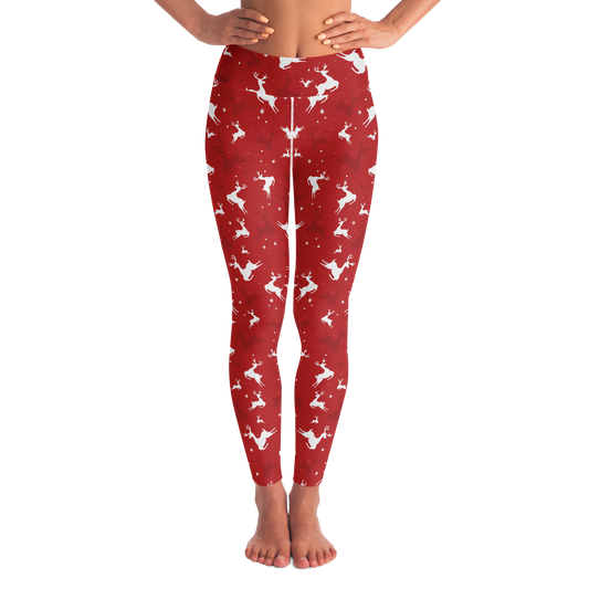 Front view of Christmas Starry Leggings in red with white reindeer print