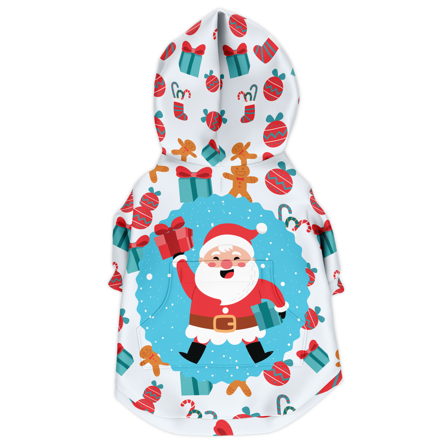 Back view of Christmas Santa Dog Hoodie in holiday theme