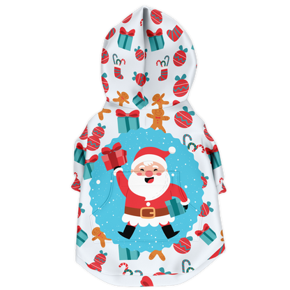 Back view of Christmas Santa Dog Hoodie in holiday theme