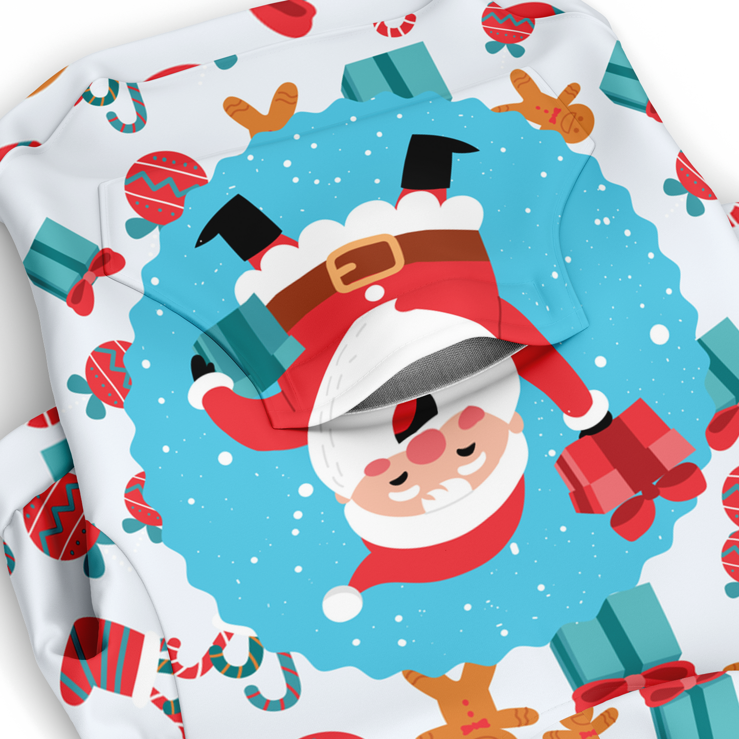 Closeup of Christmas Santa Dog Hoodie with Santa and festive details