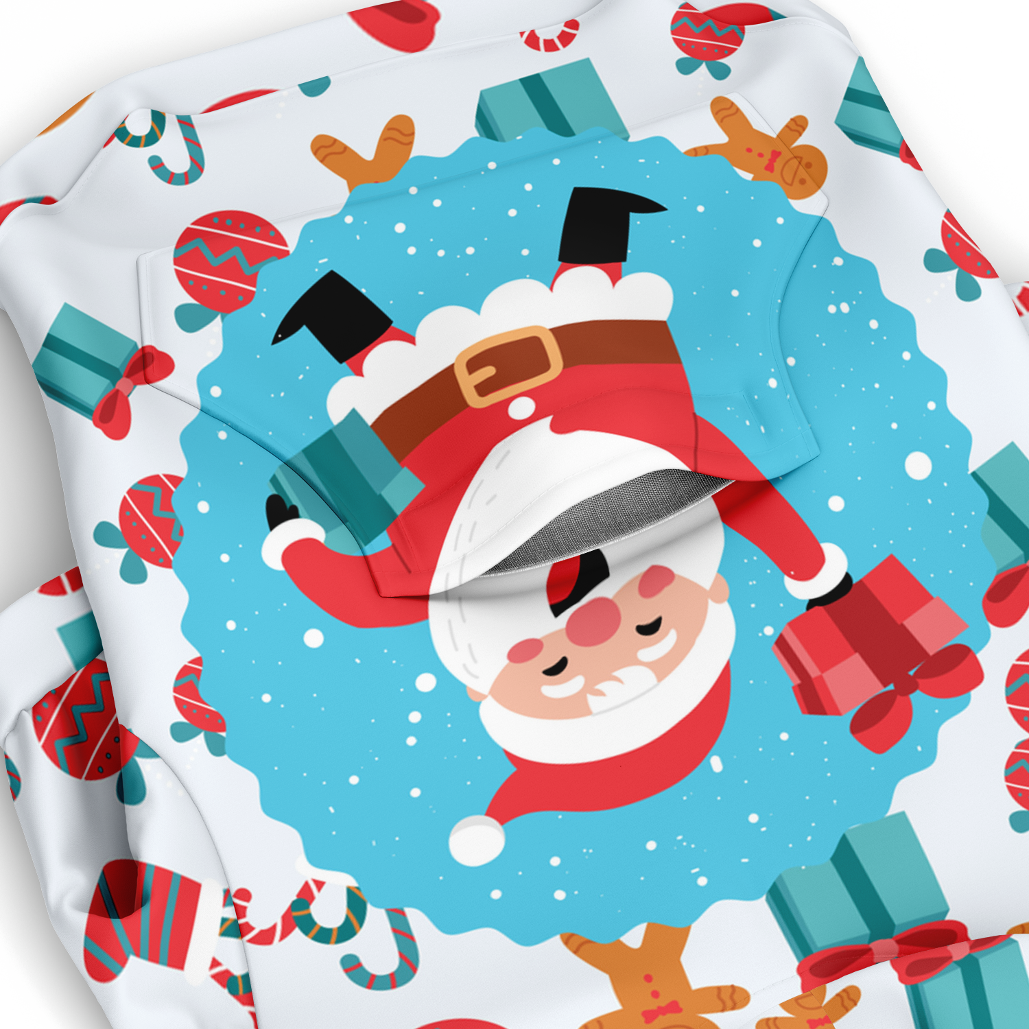 Closeup of Christmas Santa Dog Hoodie with Santa and festive details