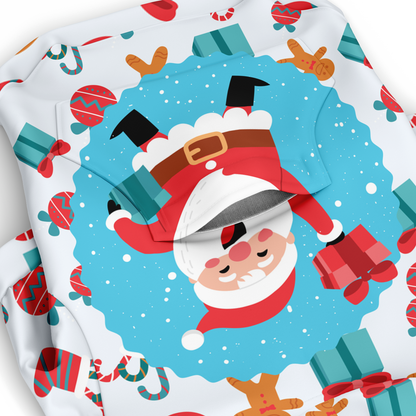 Closeup of Christmas Santa Dog Hoodie with Santa and festive details