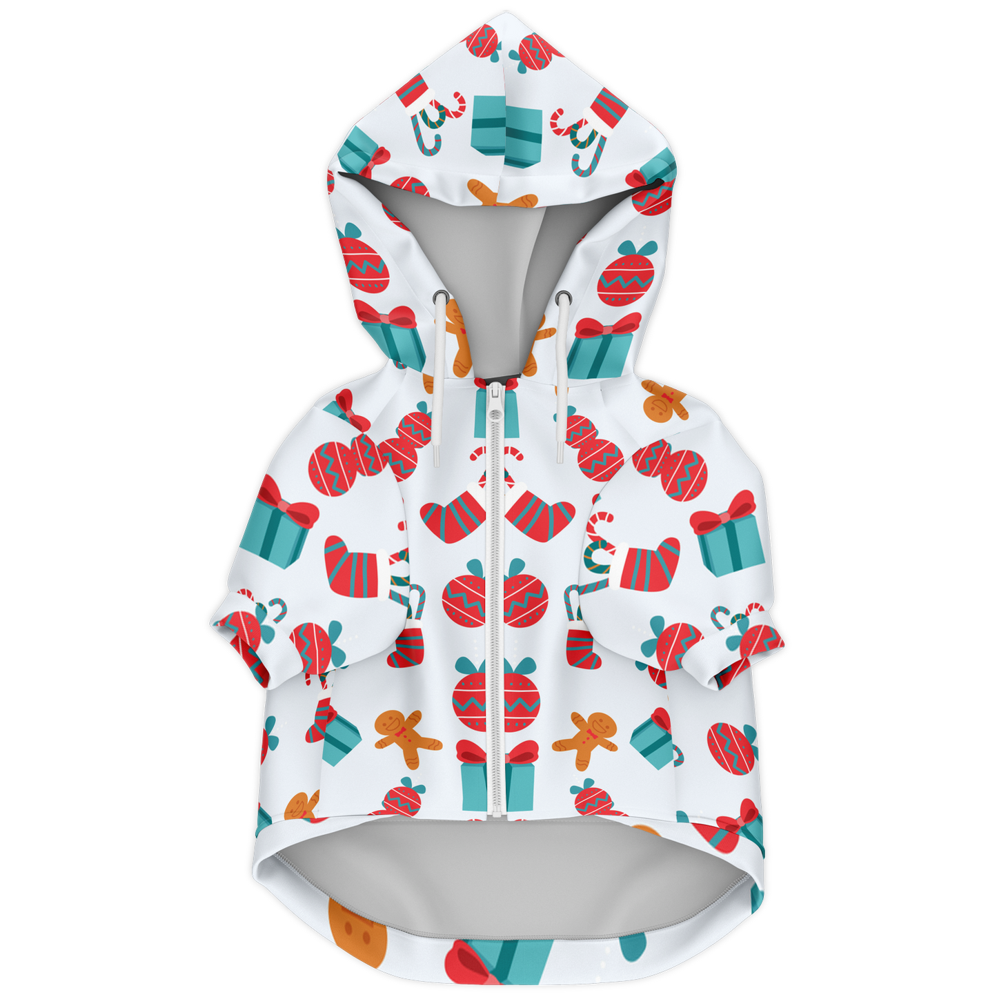 Front view of Christmas Santa Dog Hoodie with festive Santa print