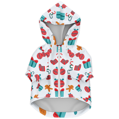 Front view of Christmas Santa Dog Hoodie with festive Santa print