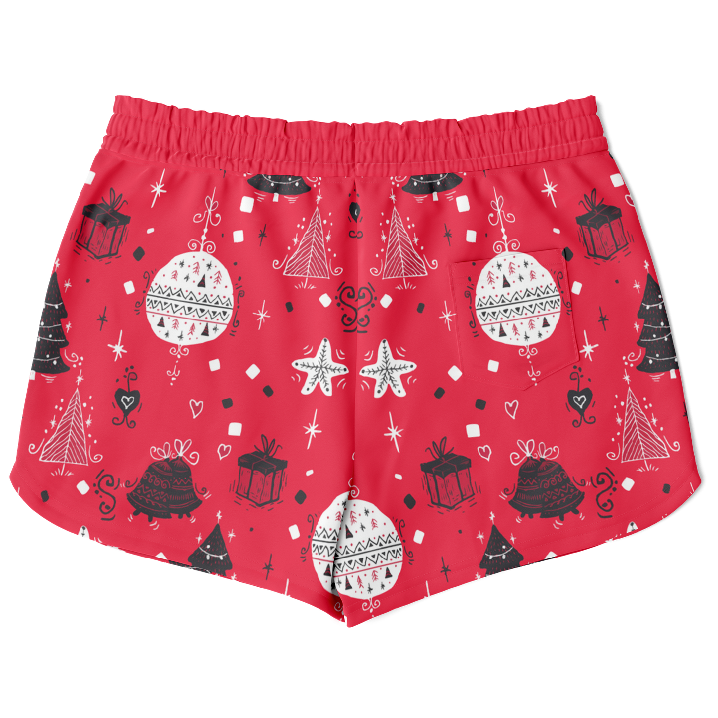 Back view of Christmas vibes shorts with holiday print