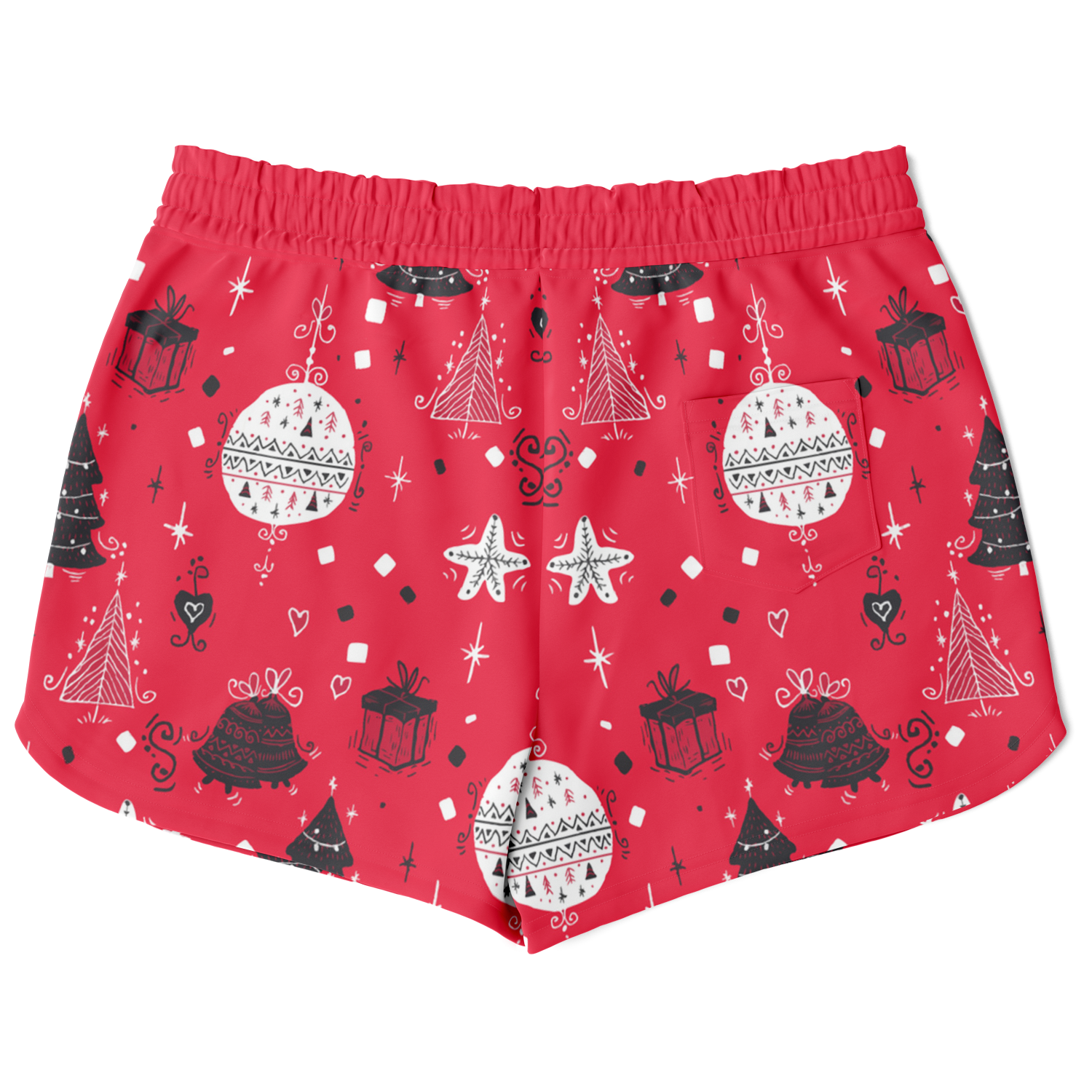 Back view of Christmas vibes shorts with holiday print