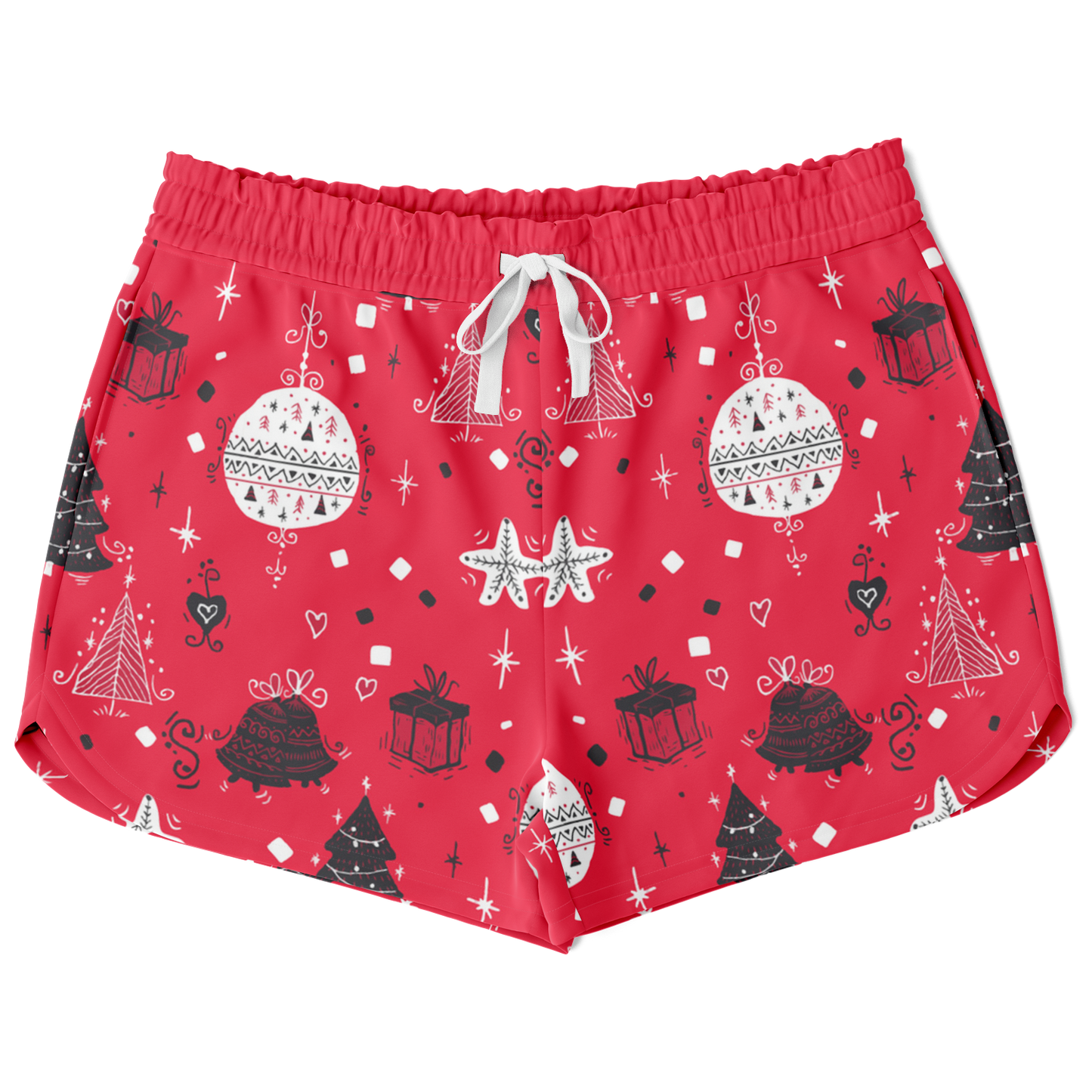 Front view of Christmas vibes shorts with festive ornament and tree pattern