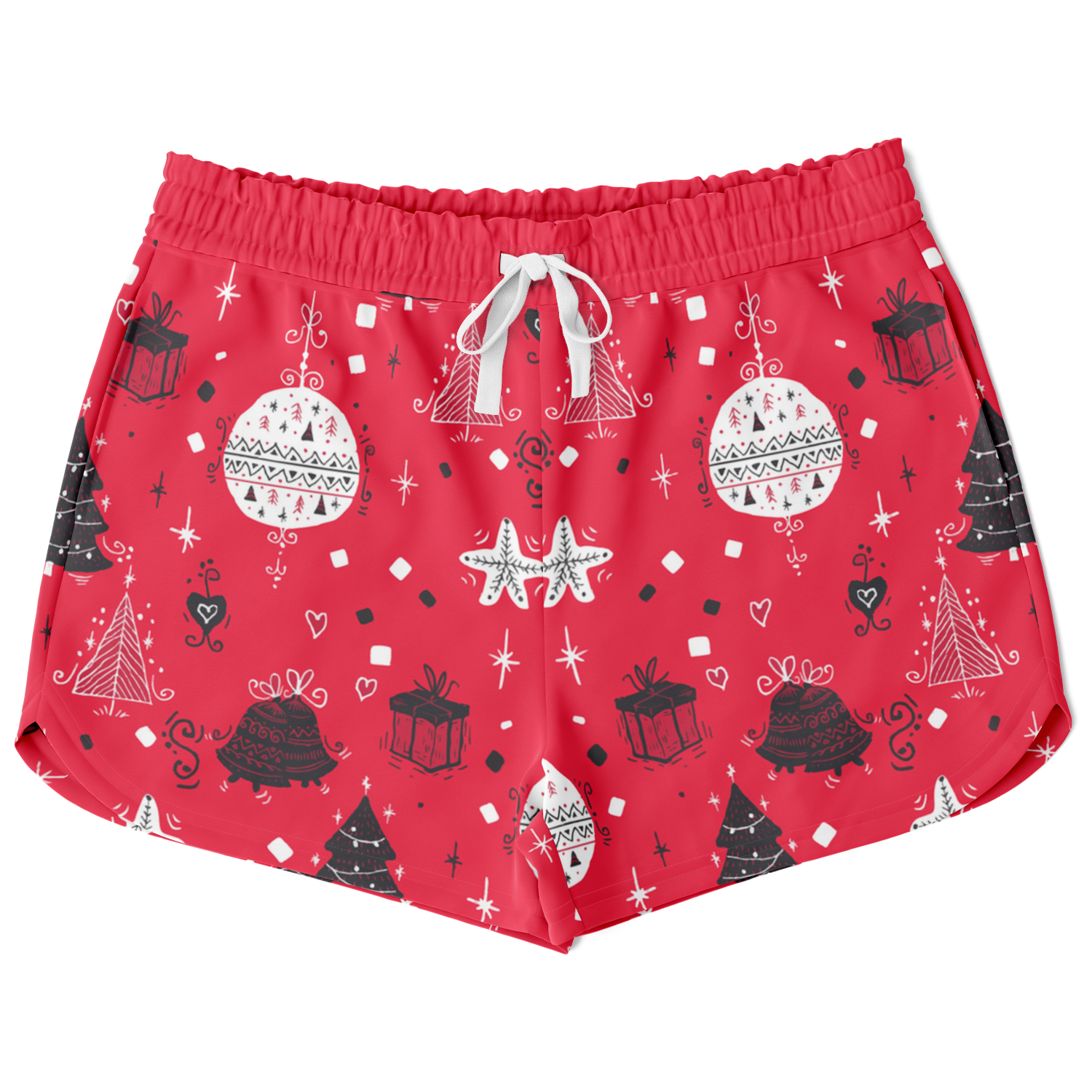 Front view of Christmas vibes shorts with festive ornament and tree pattern