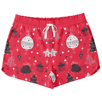 Front view of Christmas vibes shorts with festive ornament and tree pattern