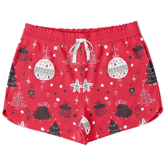 Front view of Christmas vibes shorts with festive ornament and tree pattern