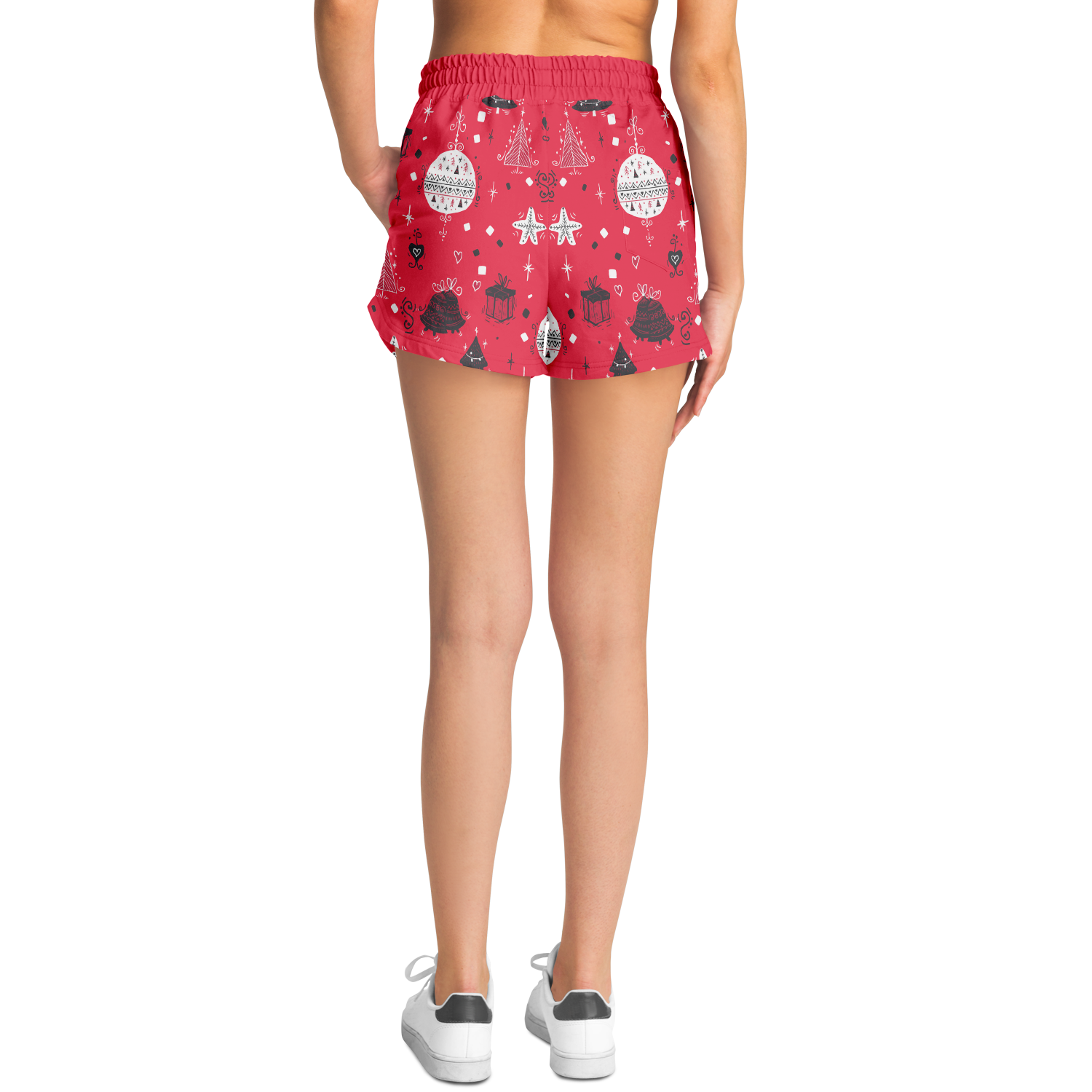 Model wearing Christmas vibes shorts, back pose