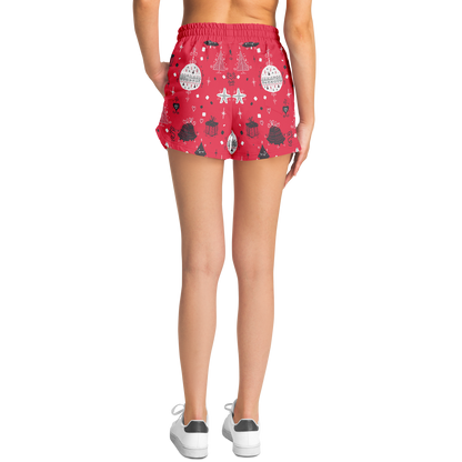 Model wearing Christmas vibes shorts, back pose