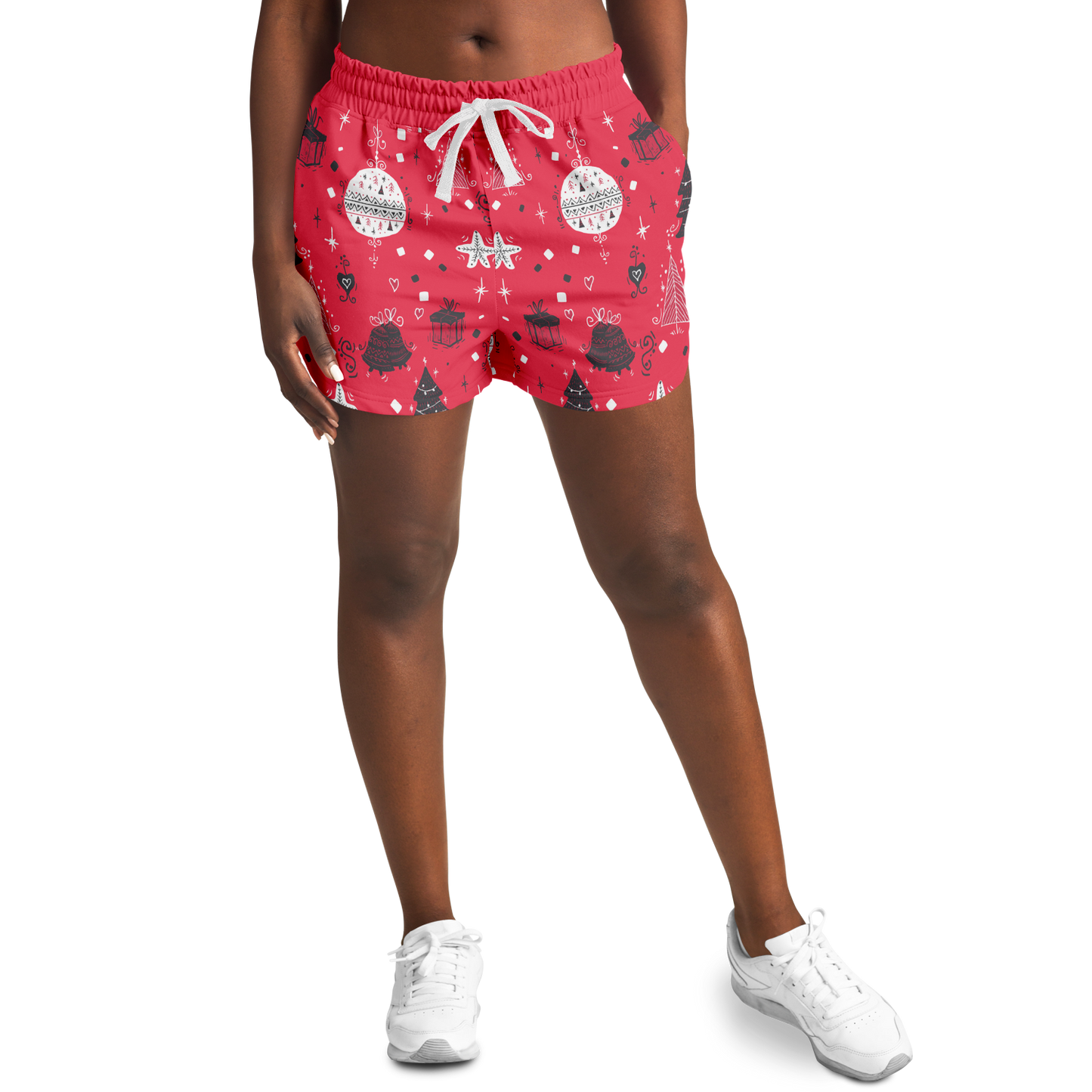 Model wearing Christmas vibes shorts, front pose